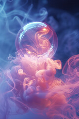Poster - An ethereal orb glowing with soft, pink and lavender light, enveloped by cloudy tendrils,