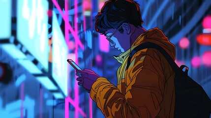 Poster - A young man wearing glasses and a yellow jacket is looking at his phone while walking down a busy street at night.