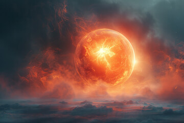 Poster - An abstract depiction of a glowing orb in a cloudy realm, with light reflecting off the mist,