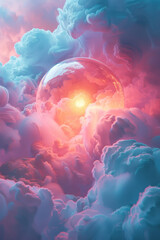 Poster - A glowing orb surrounded by soft, pastel-colored clouds, creating a dreamy, otherworldly atmosphere,