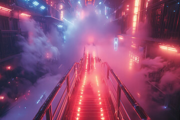 Poster - A futuristic spacecraft navigating through a maze of neon light beams and electric space clouds,