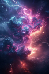 Poster - An electric storm in space, with lightning bolts and neon light waves radiating through the darkness,