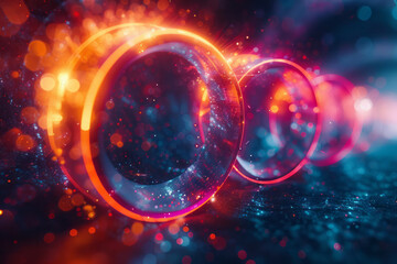 Poster - An abstract composition of neon rings and spirals, representing the orbits of planets and stars in a dynamic, electric universe,