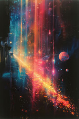 Poster - An abstract depiction of the Milky Way made of neon lights, with stars and planets connected by electric beams,