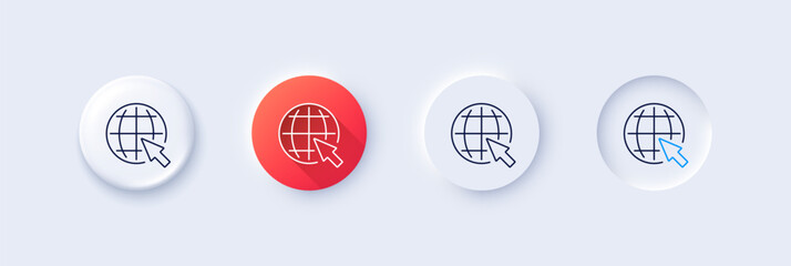 Poster - globe with mouse cursor line icon. neumorphic, red gradient, 3d pin buttons. world or earth sign. gl