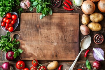 wooden cutting board with empty spoon top view with raw various vegetables, potatoes, tomatoes, onio