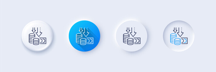 Wall Mural - Deflation line icon. Neumorphic, Blue gradient, 3d pin buttons. Price reduction sign. Reduce rate symbol. Line icons. Neumorphic buttons with outline signs. Vector