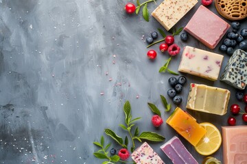Wall Mural - Top view of assorted variety of different handmade soap bars with natural ingredients, plants, berries. Skin care and organic soap making concept. Background with space for text.