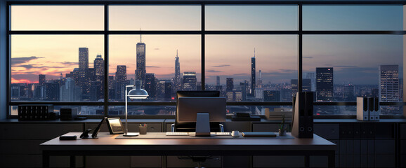 Sticker - Modern Office Overlooking City Skyline at Dusk