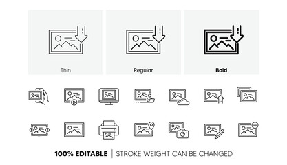 Poster - print image, photo camera, upload picture icons. photo line icons. edit image, play presentation and