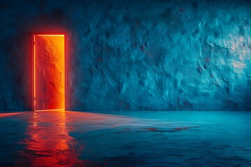 Wall Mural - A partially opened door with glowing light symbolizing opportunity, change or discovery.