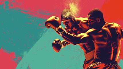 Two male boxers mid-fight in a vibrant, graphic artwork style with a red and blue color palette