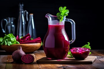 Wall Mural - A pitcher of beetroot juice placed on a kitchen counter, with whole beetroots and a juicer in the background