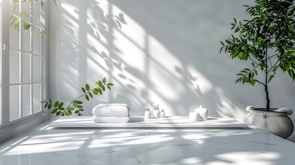 Sticker - Elegant White Table with Serene Spa Inspired Background for Beauty and Wellness Product Display