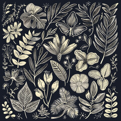 Botanical drawings gold lines dark background, elegant pattern tropical leaves flowers. Decorative floral design wallpaper, textiles, nature themed surface. Detailed plant outlines luxury stylish