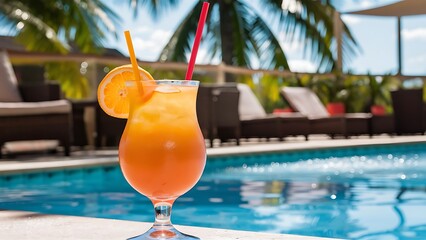 The orange refreshing cocktail with red straw near swimming pool
