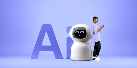Poster - African man with phone, standing near AI robot on colored background