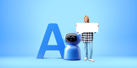 Poster - Woman holding mock up blank cloud, standing near AI robot