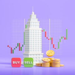 Poster - Skyscraper an forex chart with candlesticks, dollar coins and graph lines