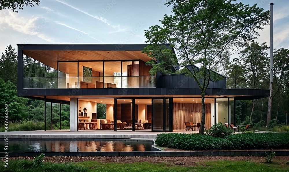 A modern house with large glass windows is surrounded by lush greenery ...