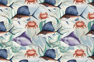 seamless repeating pattern, water color painting style, bolder lines, pastel colors, depicting sailfish and stingrays and crabs and sea fans