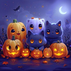 Canvas Print - Halloween background with cute cartoon characters and pumpkins vector Illustration on purple color