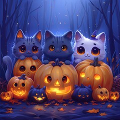 Poster - Halloween background with cute cartoon characters and pumpkins vector Illustration on purple color