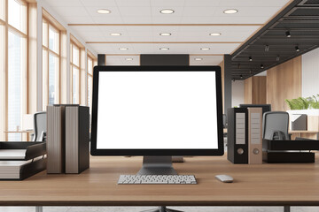 Poster - Modern coworking interior with pc computer on table with mockup display, window
