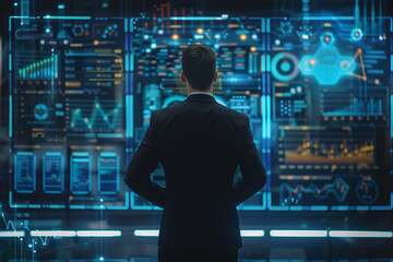 Wall Mural - With poise and confidence, the businessman in a suit studies the futuristic digital interface, which showcases diverse online business statistics through dynamic holographic charts