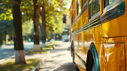 a yellow school bus , parked on a street in front of a park, with a blurred background, in the style of a copy space concept