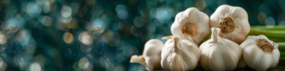 White garlic on dark green background, isolated garlic, garlic with blurred background, organic vegetables, organic vegetables, garlic sauce, organic vegetables, cooking ingredients, 4k HD wallpaper, 
