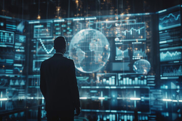 Wall Mural - Standing confidently, the businessman in a suit examines the futuristic digital interface, absorbing various online business statistics from the holographic charts to enhance his b