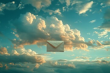 Wall Mural - a letter caught in a gust of wind, fluttering against a backdrop of a clear blue sky with fluffy clouds