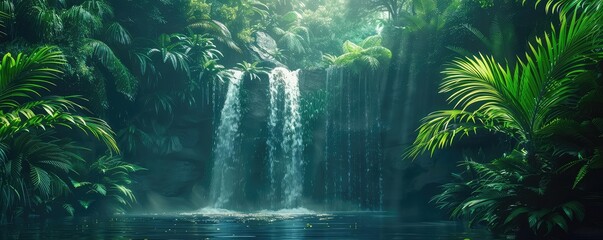 Lush jungle cave, cascading waterfall, tropical atmosphere close up, focus on, copy space Double exposure silhouette with exotic paradise