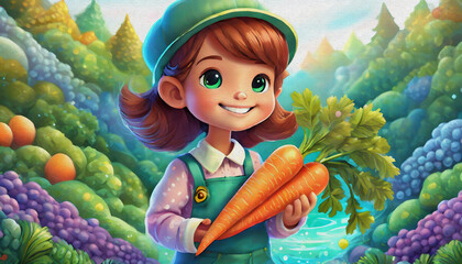 oil painting style CARTOON CHARACTER CUTE Little kid girl holding a carrots in his hands.,