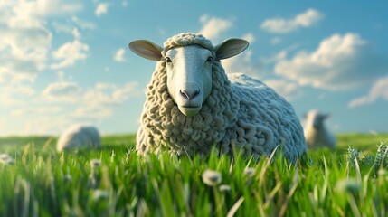 An Islamic sheep on green grass with a morning sky background. Generative ai