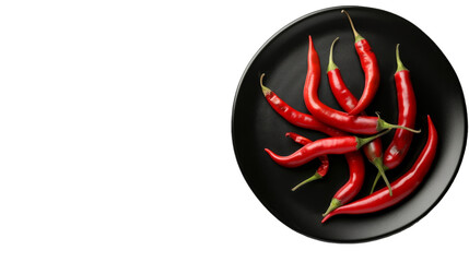 A top view of red chili peppers arranged in a circle on a black plate, set against a white background