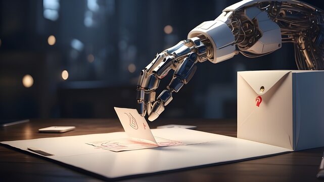 The digital hand of AI delicately placing a letter into an envelope, symbolizing the automation of mailing newsletters.