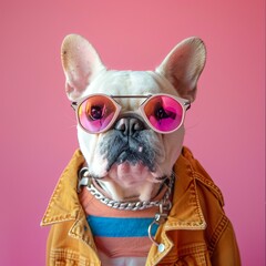 Canvas Print - cute fat french bulldog wearing a sunglasses and trendy clothes, pastel pink backgroun