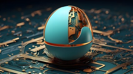 Wall Mural - A stylish greeting card design presenting an abstract 3D egg with a sleek circuit board texture, reflecting the fusion of technology and creativity.