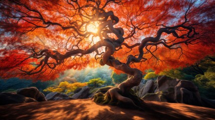 Wall Mural - beautiful autumn landscape at sunset, an old big tree in the forest, sunlight shines through with twisting branches, moss and stones, beautiful nature