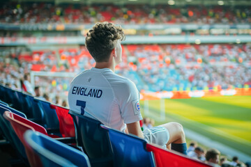 English football soccer fans in a stadium supporting the national team, Three Lions
