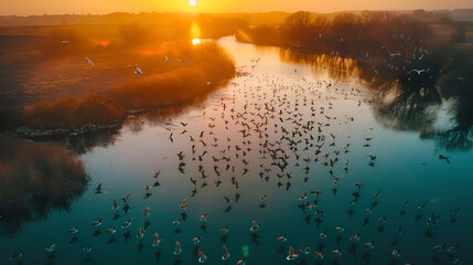 Wall Mural - sunset over the river