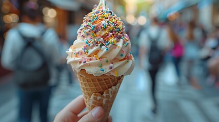 Wall Mural - A person holding a cone with sprinkles and frosting on it, AI