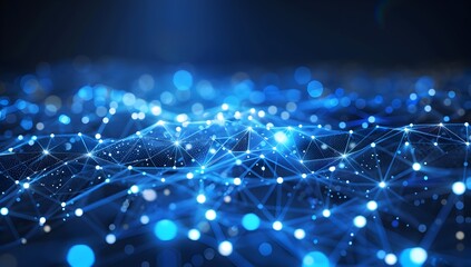 Poster - Abstract digital background with a blue gradient and glowing network connections, representing global connectivity or data transfer in the style of technology
