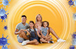 © New Africa - Happy family with strong immunity on orange background. Bubble around them blocking viruses, illustration