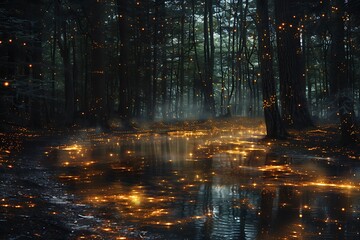 Wall Mural - a forest at night, illuminated by yellow lights and dotted with glittering reflections on the ground and surrounding trees