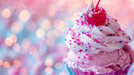 Canvas Print - A close up of a cupcake with sprinkles and a cherry on top, AI