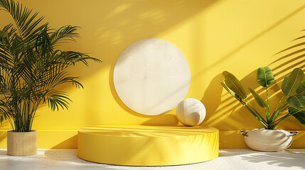 Wall Mural - yellow podium with summer concept on yellow background 3d render