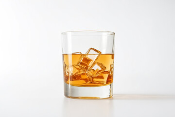 Poster - Glass of Whiskey with Ice Cubes on White Background